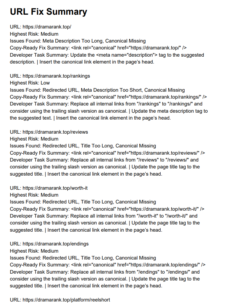 Sample SEOFixReport URL fix summary with copy-ready SEO fixes and developer task notes.